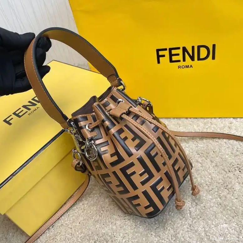 Cheap Mon Mini Calf Motif Tresor Bucket Bag Leather In Fendi Khaki FF 0617